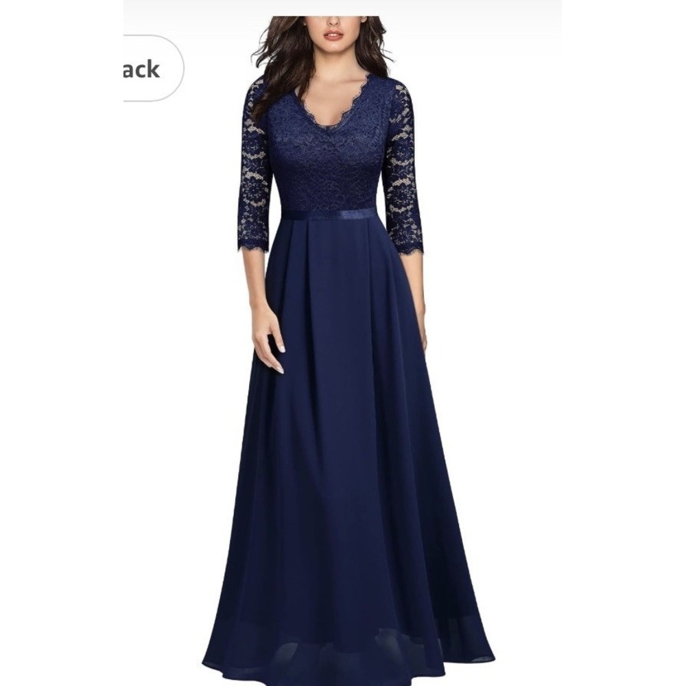 MISSMAY Retro Floral Lace Formal Dress Navy Blue Evening Dress‎ Small Party Maxi